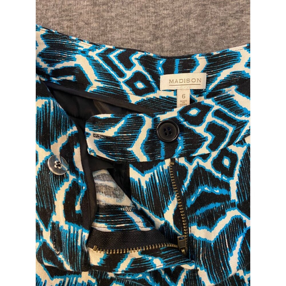 Madison Womens Blue & Black Geometric Pattern Shorts Size 6 Linen Blend Pockets - Picture 3 of 6